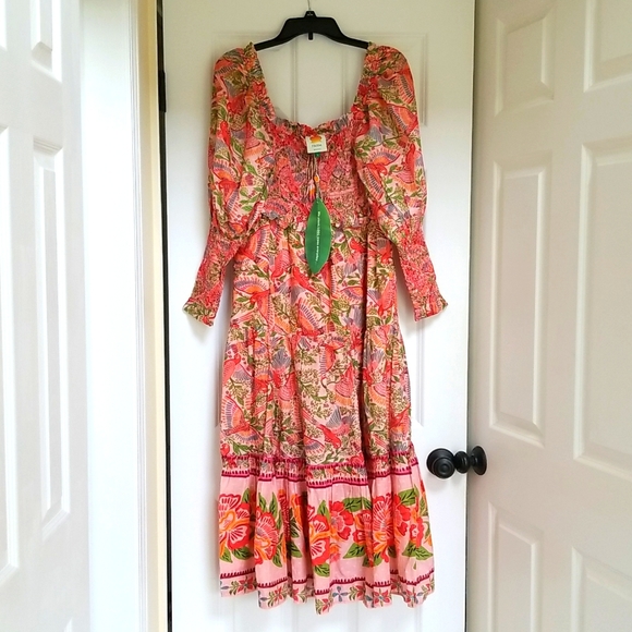 FARM Rio Smocked Top Midi Dress in Pink Macaw Flight - Picture 3 of 16